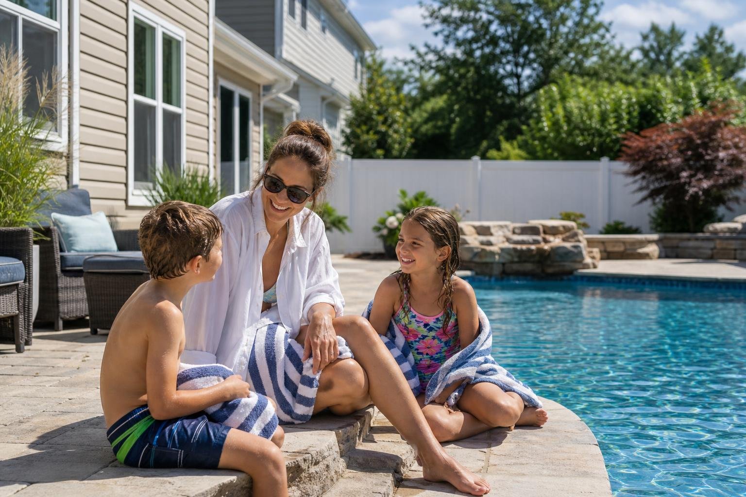 A woman and two children sit together beside a sunny backyard swimming pool.